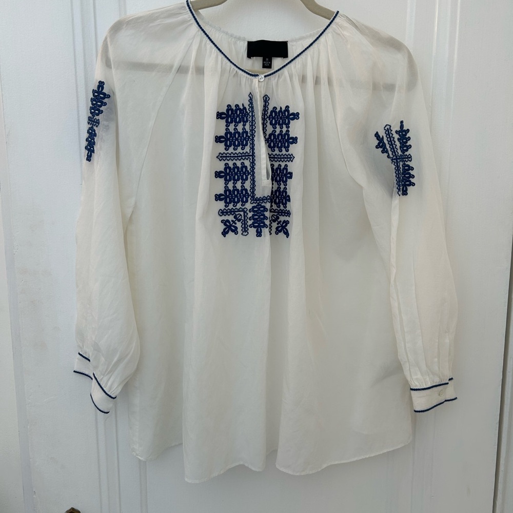Women's White Peasant Blouse with Blue Embroidery